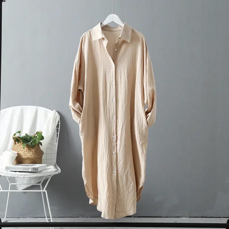 Lumia Luxe Cotton Long Shirt/ Dress In Khaki