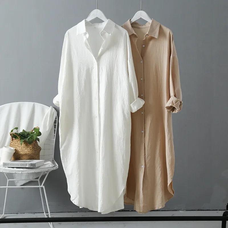 Lumia Luxe Cotton Long Shirt/ Dress In Khaki