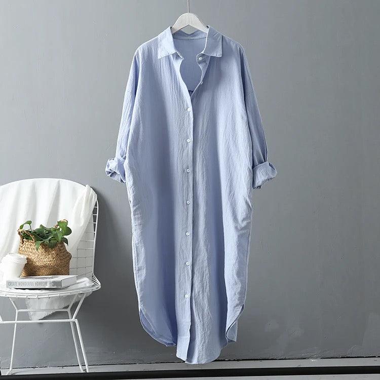 Lumia Luxe Cotton Long Shirt/ Dress In Blue