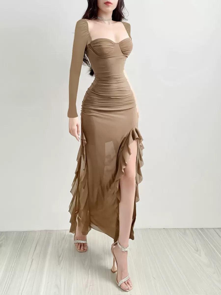 Lolita Ruffled Bodycon Maxi Dress In Brown
