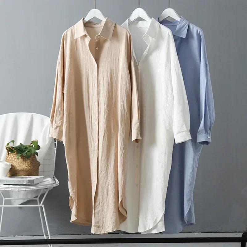 Lumia Luxe Cotton Long Shirt/ Dress In Khaki
