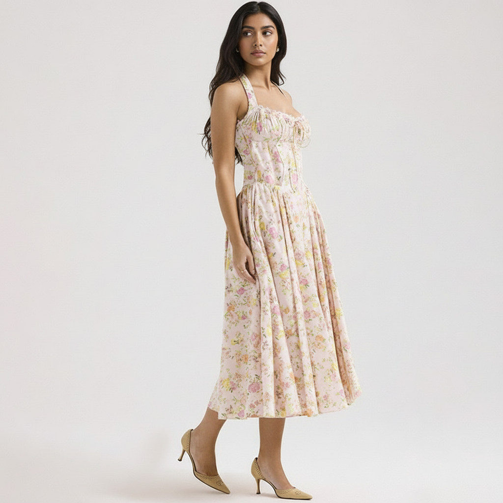 Begonia Floral Midi Dress In Peach