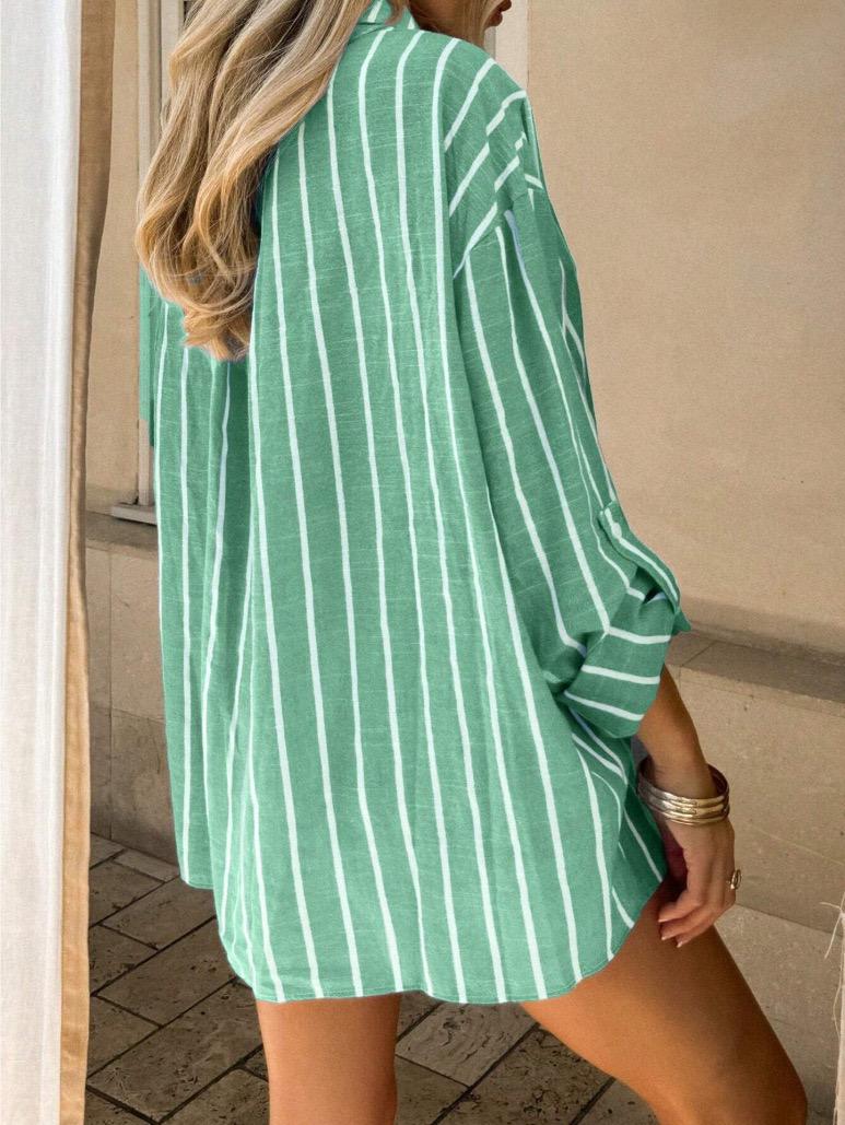 Rilos Striped Cotton Oversized Shirt In Green