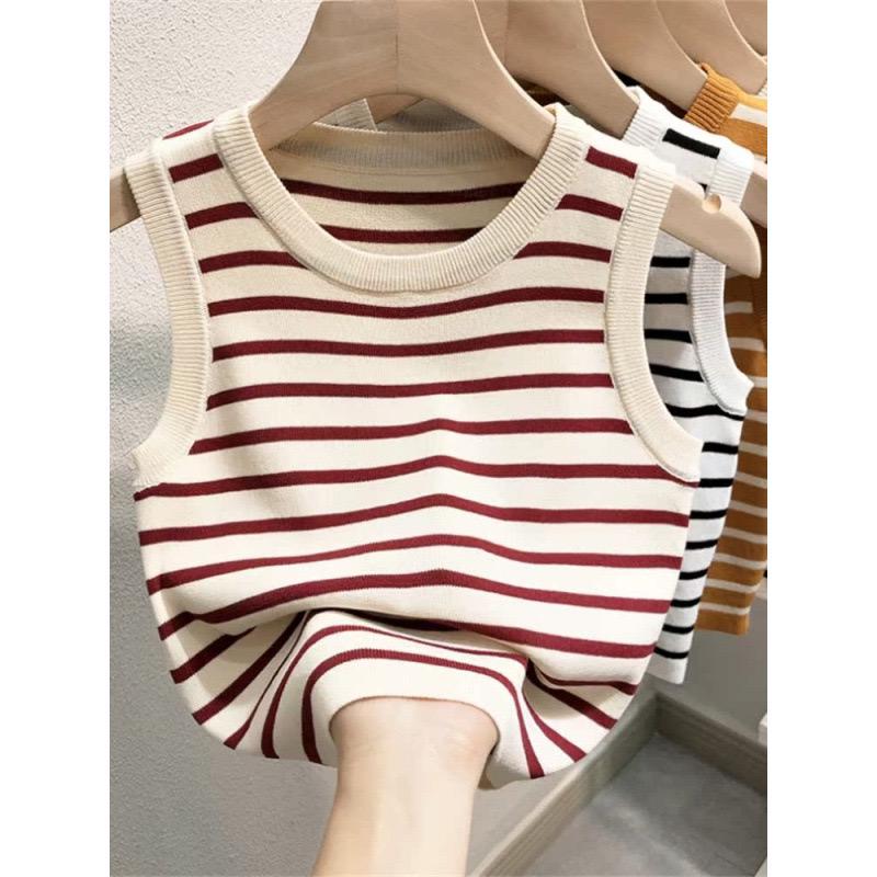 Ocean Striped Knit Summer Top In Beige