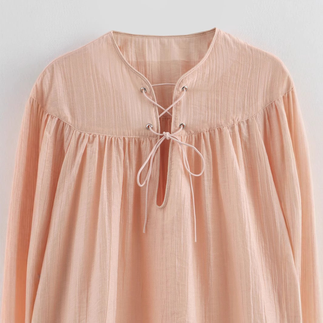 Elara Lace-Up Oversized Summer Top In Peach