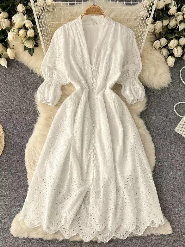 Luna Summer Cotton Eyelet Dress In White
