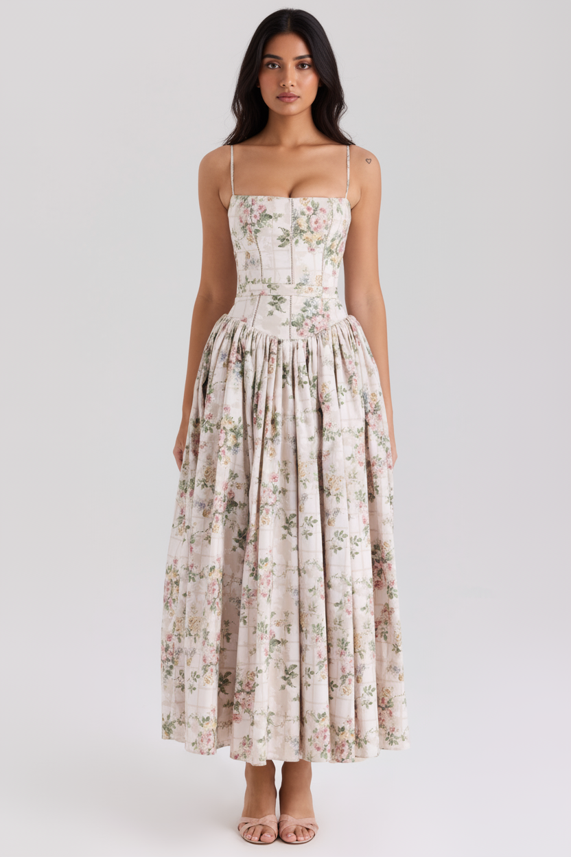 Orchid Luxe Floral Midi Dress In Off Beige