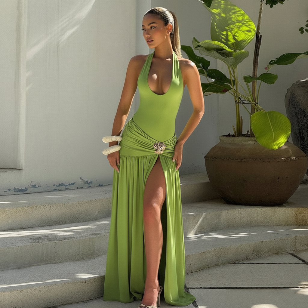 Serafina Luxe Slit Cut Maxi Dress In Green