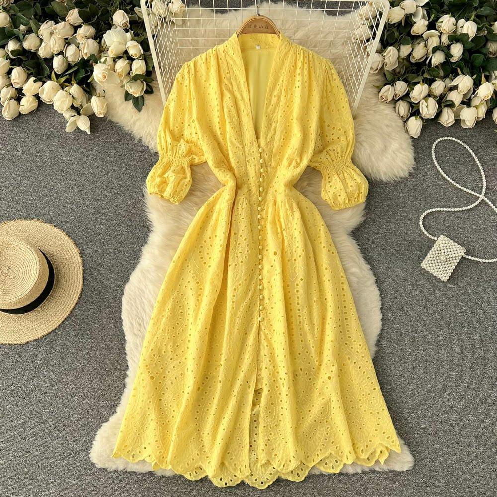 Luna Summer Cotton Eyelet Dress In Yellow