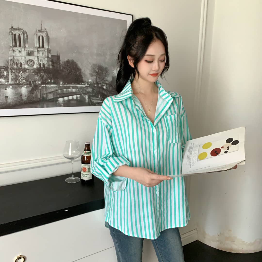 Louise Striped Summer Oversized Shirt In Green