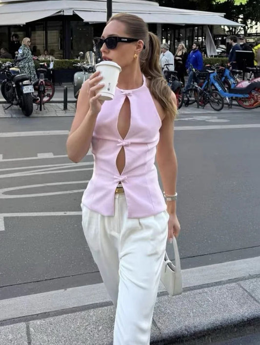 Hilton Statement Vest Knot Top In Pink