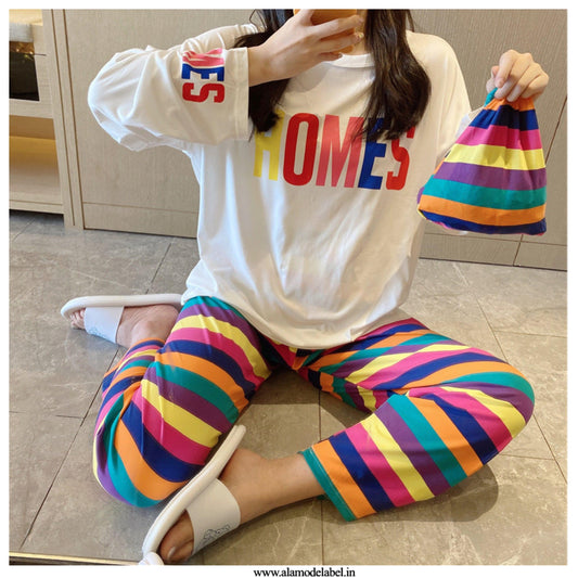 Iris Set of Cotton Nightsuit with Bag In Multi