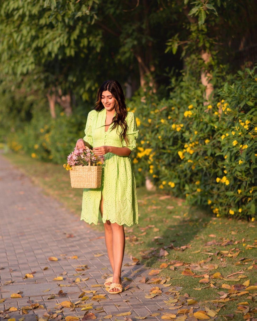 Luna Summer Cotton Eyelet Dress In Green