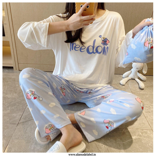 Iris Set of Cotton Nightsuit with Bag In Sky Blue