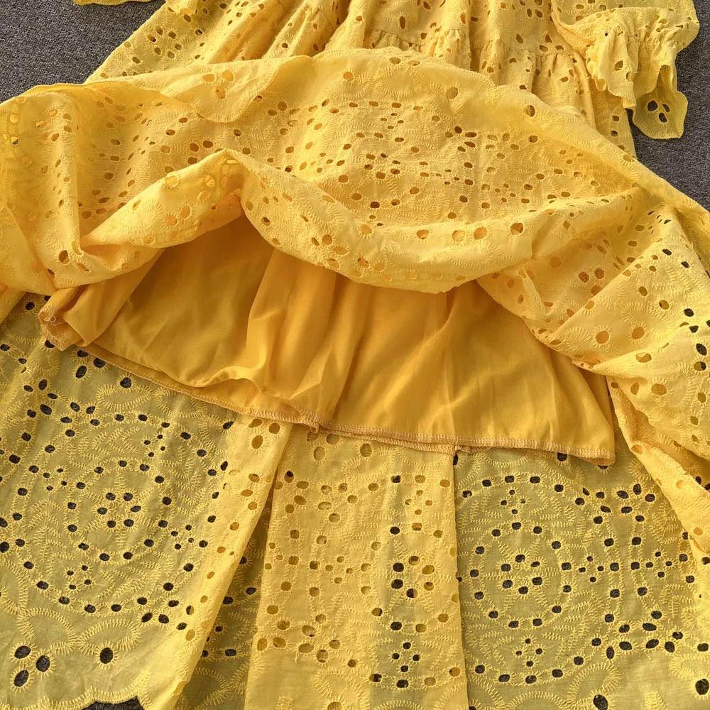 Jimmy Cotton Eyelet Midi Dress In Yellow