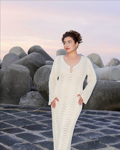 Shirly Luxe Crochet Knit Dress -Resortwear In Beige