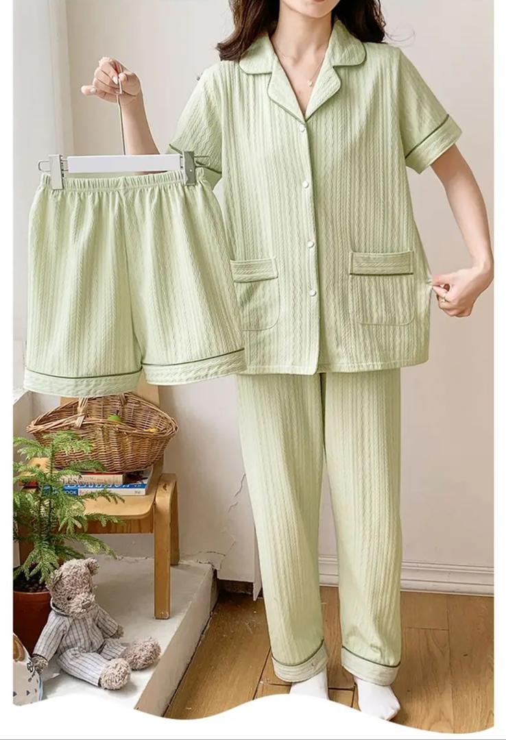 Paula 3 Pc Set Cotton Nightsuits In Pista Green