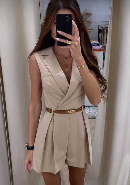 Vaco Statement Romper with belt In Beige