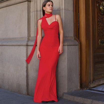 Saddle Statement Bodycon Dress With Attached Scarf In Red