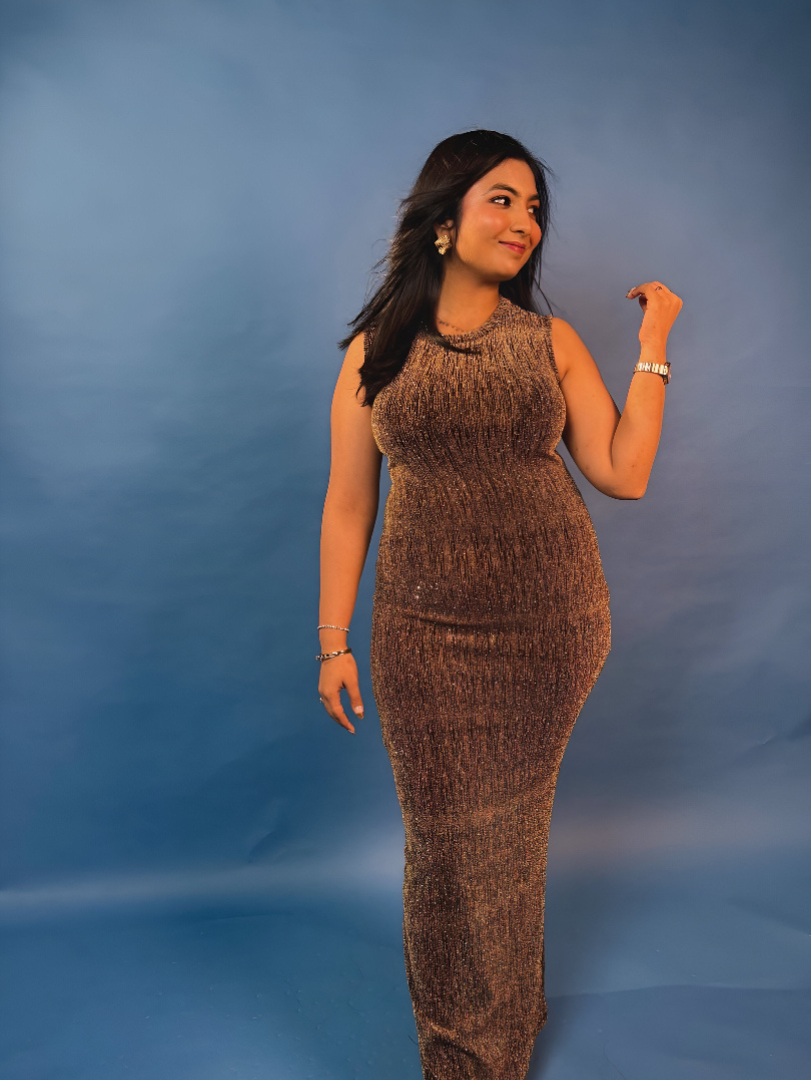 Miro Sequined Party Maxi Dress in Gold