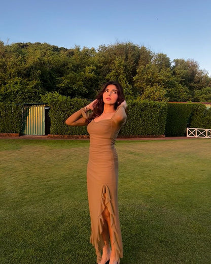 Lolita Ruffled Bodycon Maxi Dress In Brown