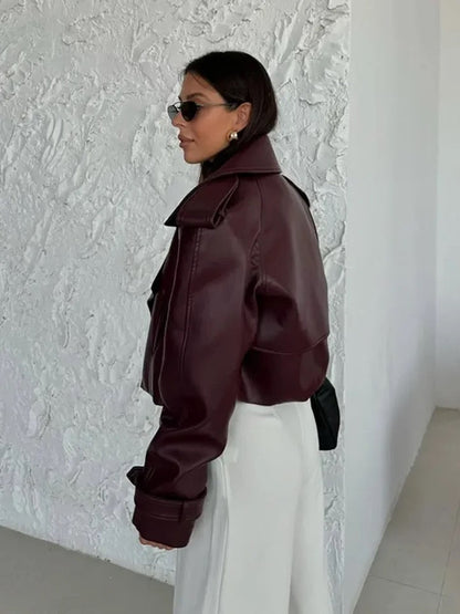 Sara Premium Leather Jacket in Burgundy