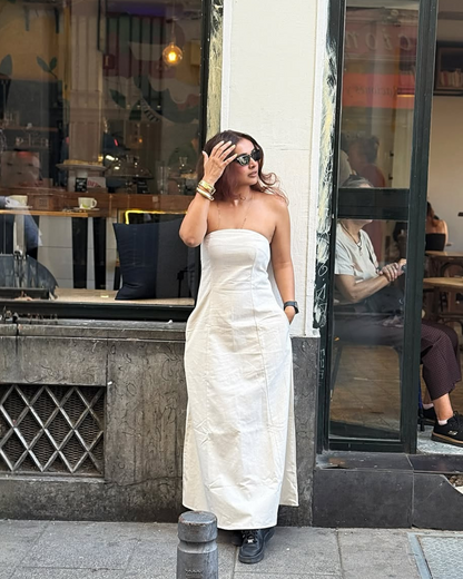 Maisie Offshoulder Holiday Tube Dress In Beige