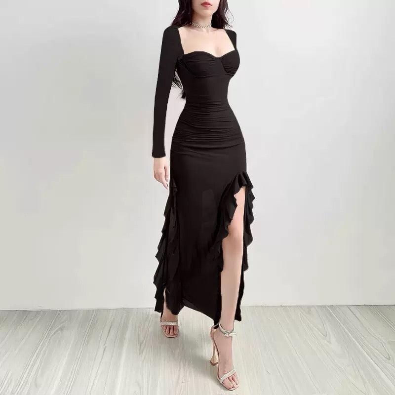 Lolita Ruffled Bodycon Maxi Dress In Black
