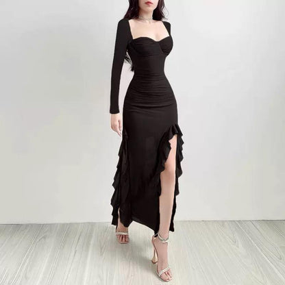 Lolita Ruffled Bodycon Maxi Dress In Black