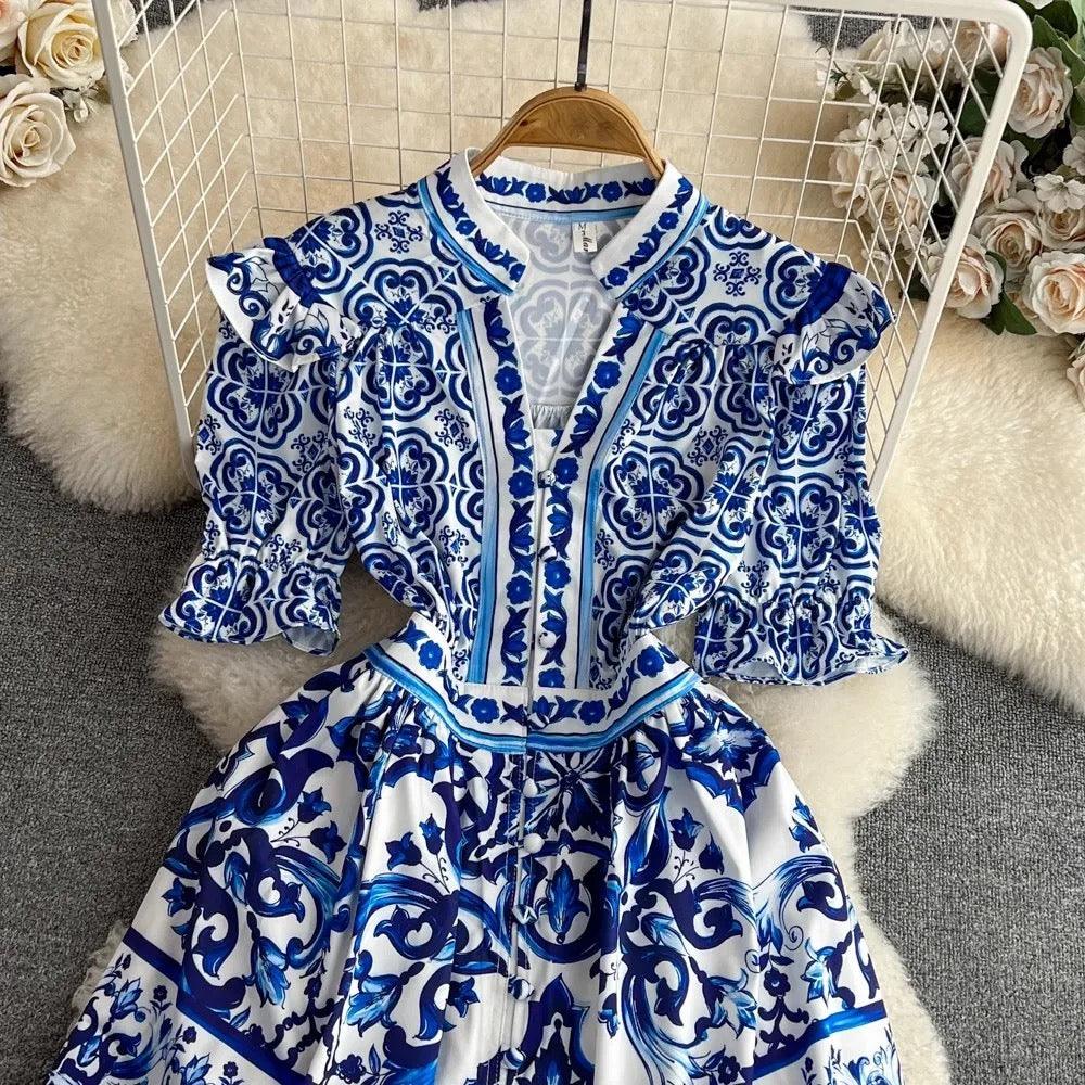 Bologna Porcelain Summer Vintage Dress In Blue