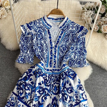 Bologna Porcelain Summer Vintage Dress In Blue