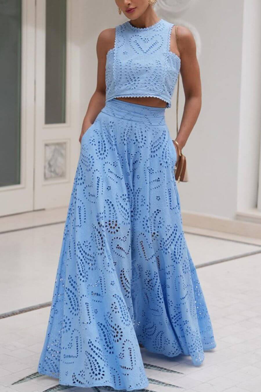Celine Eyelet Summer Coord Set In Blue