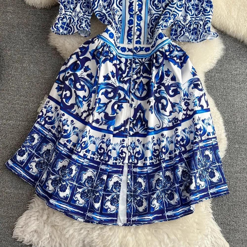 Bologna Porcelain Summer Vintage Dress In Blue
