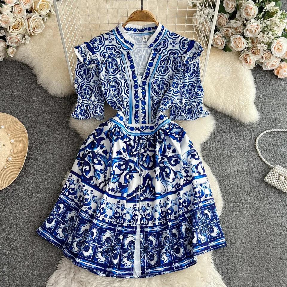 Bologna Porcelain Summer Vintage Dress In Blue