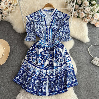 Bologna Porcelain Summer Vintage Dress In Blue