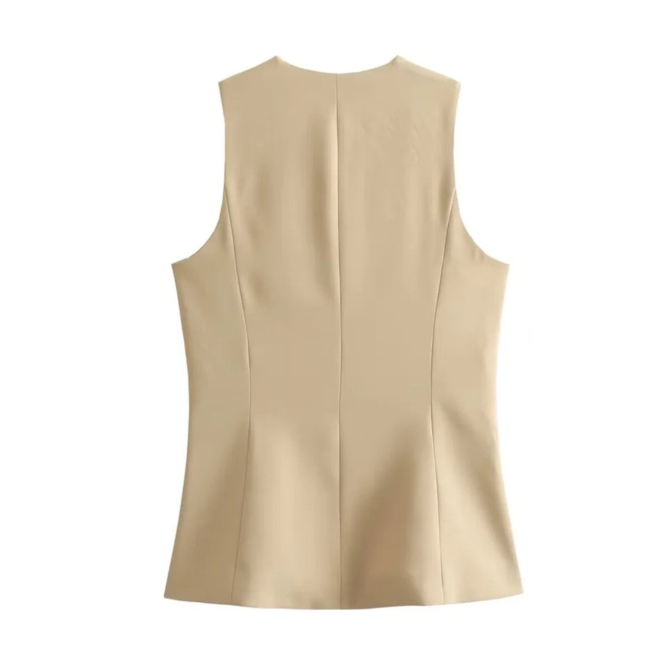 Cynthia Statement Vest Suit with Skirt In Beige