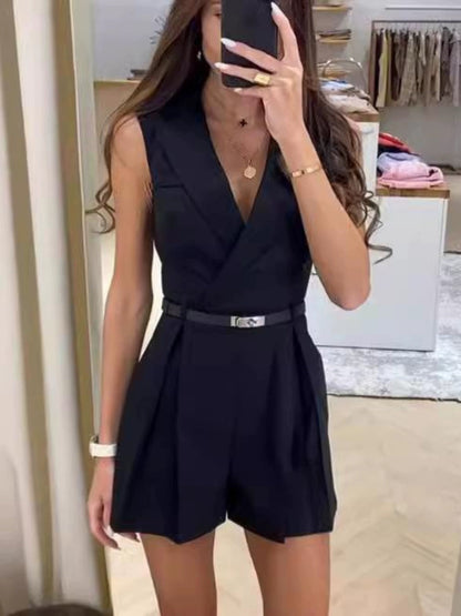 Vaco Statement Romper with belt In Black