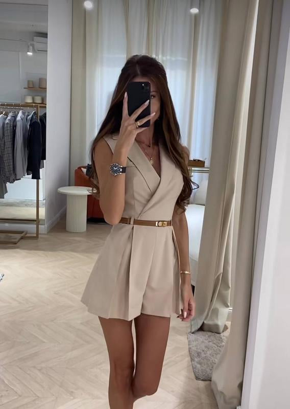 Vaco Statement Romper with belt In Beige