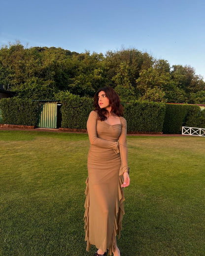 Lolita Ruffled Bodycon Maxi Dress In Brown