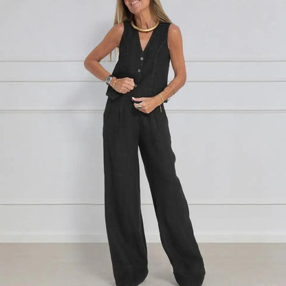 Laiden Statement Linen Vest Suit with Pants In Black