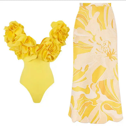 Liana Swimsuit With Sarong Skirt In Yellow