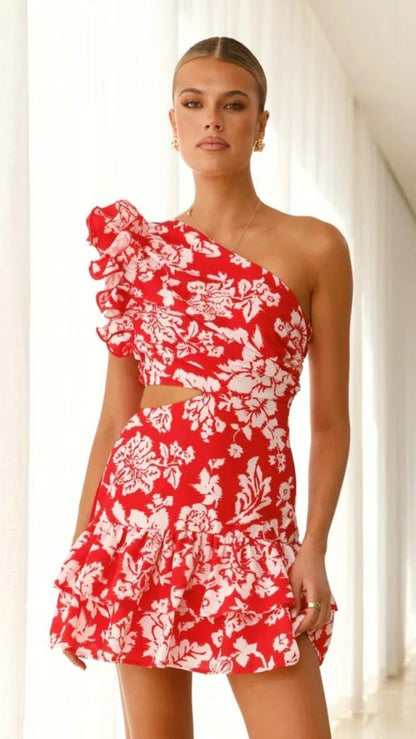 Rumena Floral One Shoulder Dress In Red