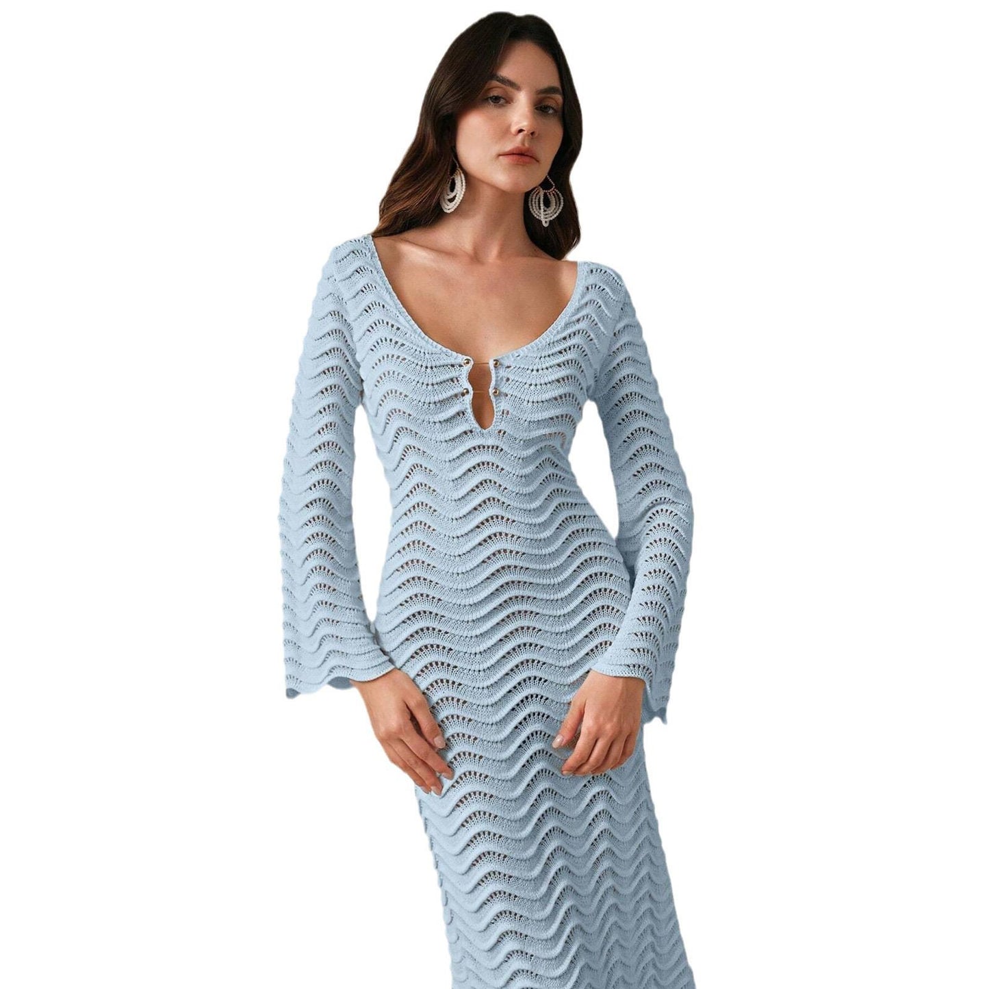 Shirly Luxe Crochet Knit Dress -Resortwear In Ice Blue