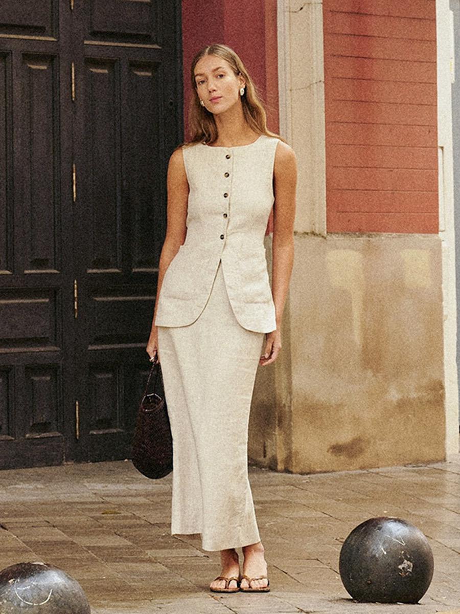 Geneva Statement Linen Vest Suit With Skirt In Beige