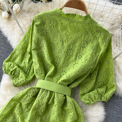 Sansa Eyelet Cotton Dress In Green