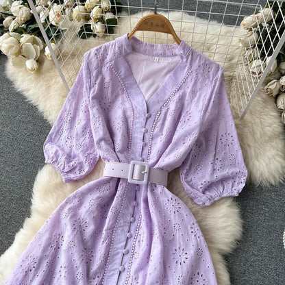 Sansa Eyelet Cotton Dress In Lilac