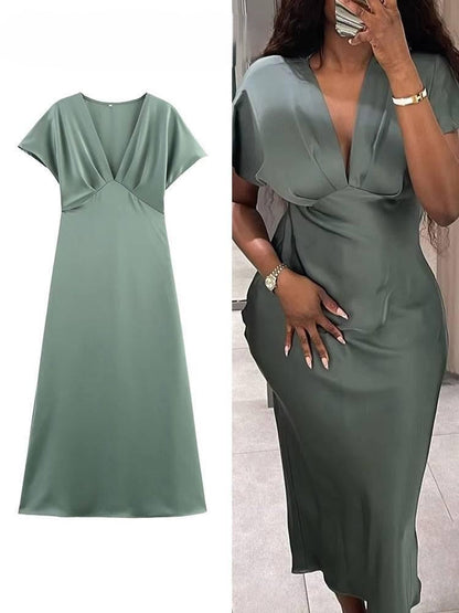 Lipasa Satin Midi Dress In Sage Green