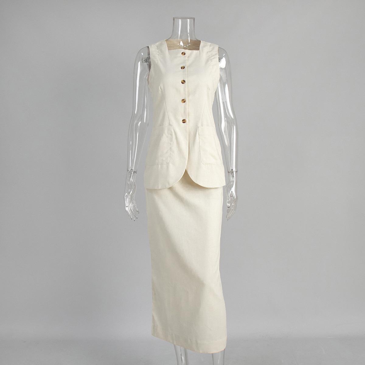 Geneva Statement Linen Vest Suit With Skirt In Beige