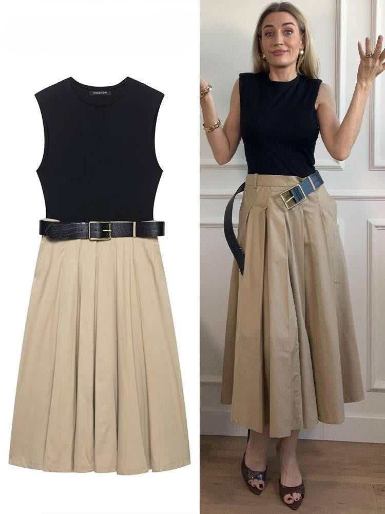 Lucy Luxe Elegant Pleated Dress  With Belt