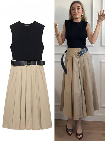 Lucy Luxe Elegant Pleated Dress  With Belt